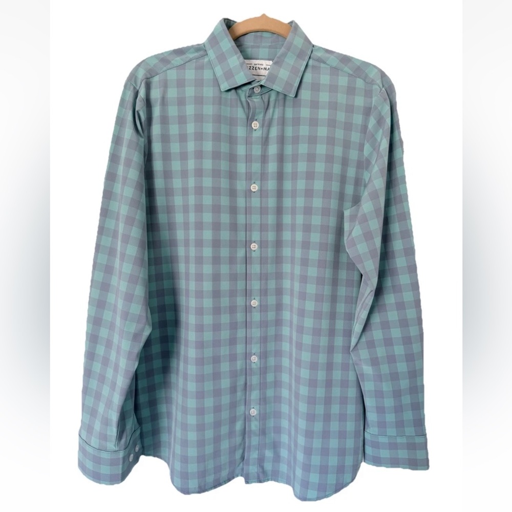 Mizzen + Main Blue Green Check Leeward Medium Trim Fit, Long Sleeve Shirt, EUC